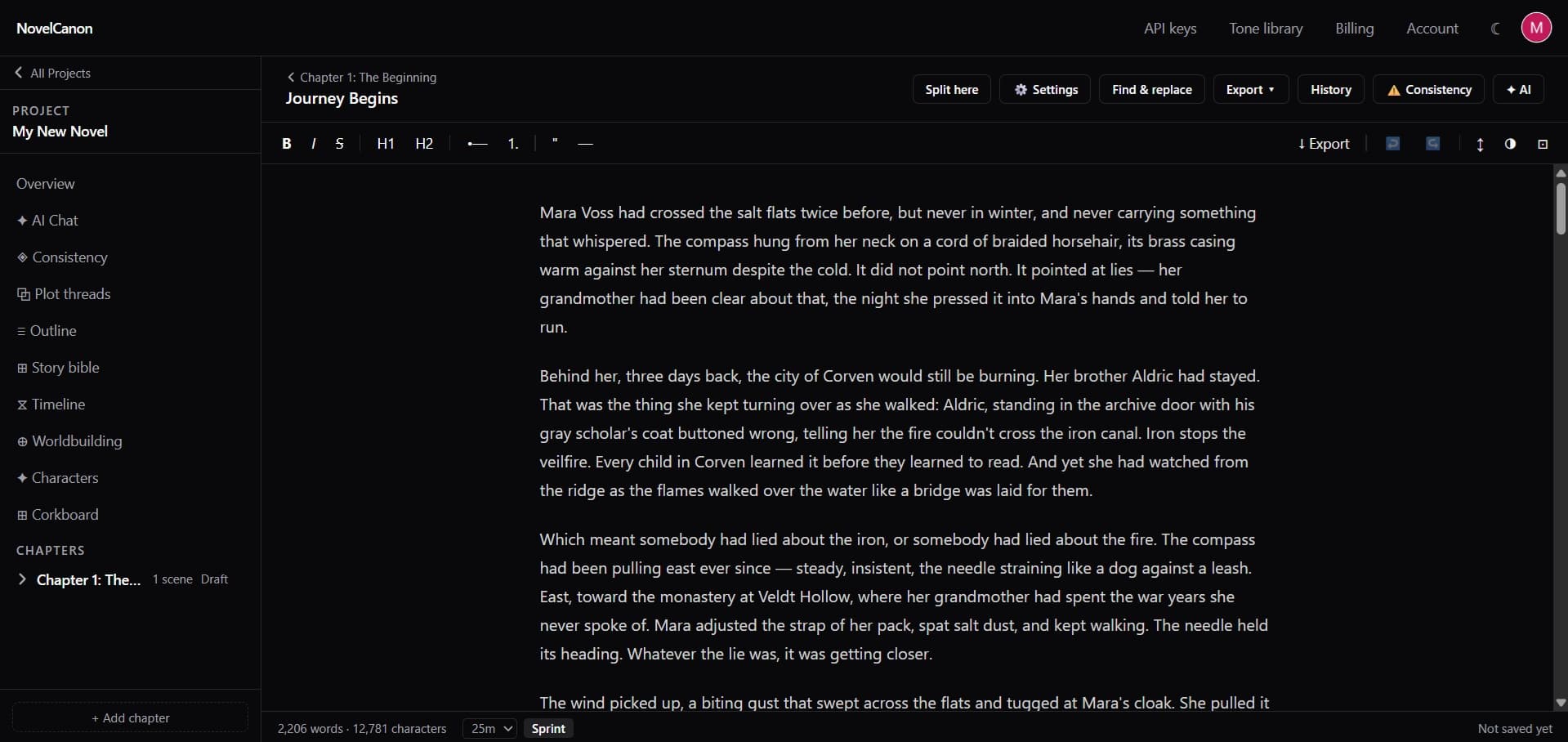The NovelCanon studio: a scene from a novel open in the editor, with chapters, story bible, timeline, plot threads, and consistency tools in the sidebar.