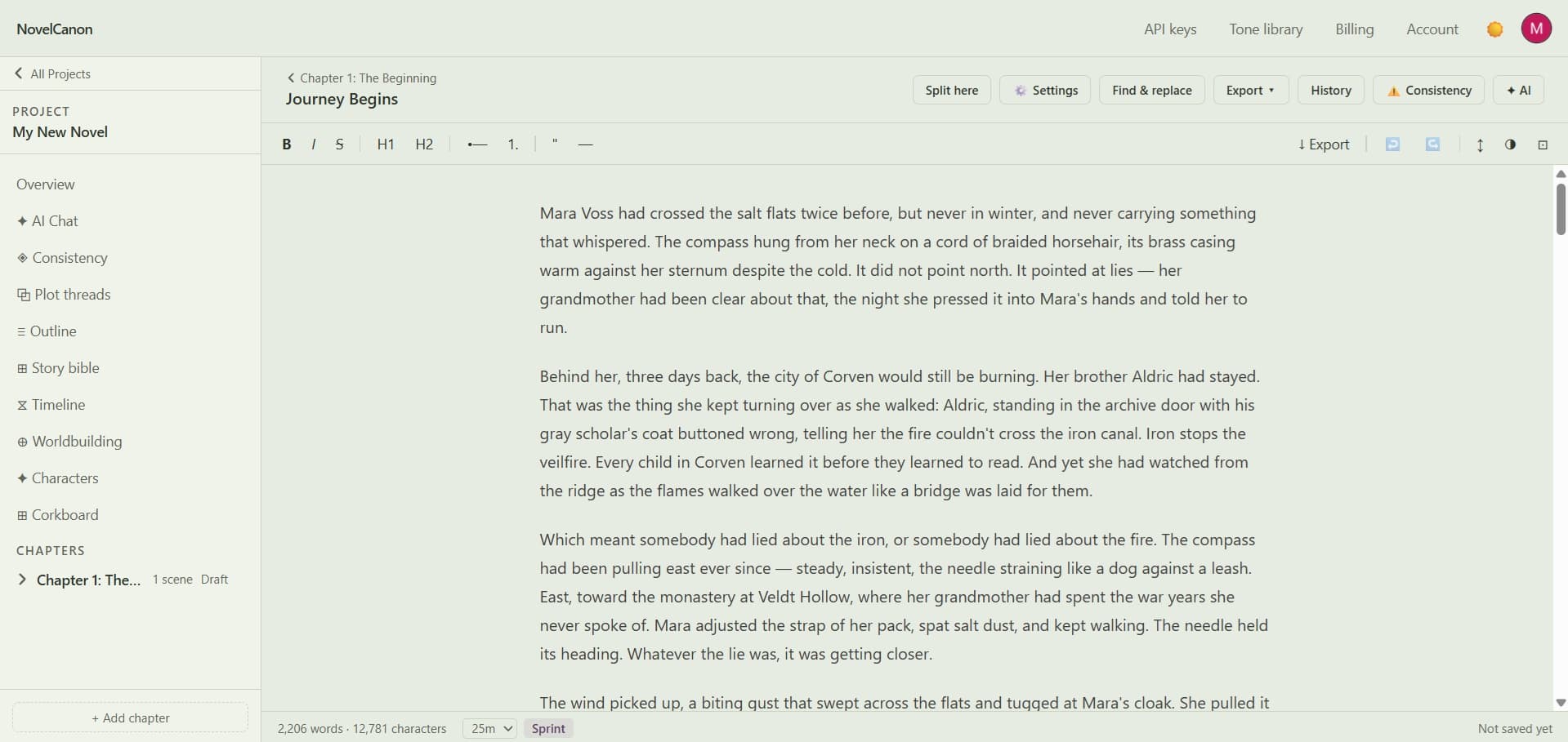 The NovelCanon studio: a scene from a novel open in the editor, with chapters, story bible, timeline, plot threads, and consistency tools in the sidebar.