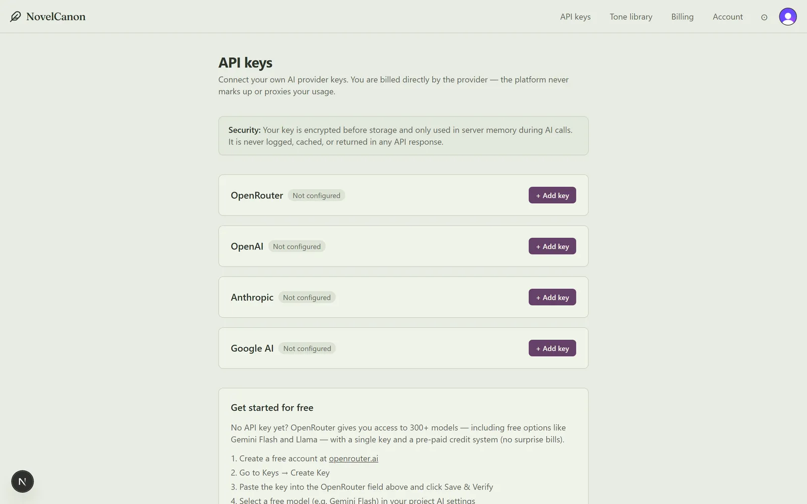 NovelCanon API keys settings for connecting your own OpenRouter, OpenAI, Anthropic, or Google AI key, billed at cost with no markup