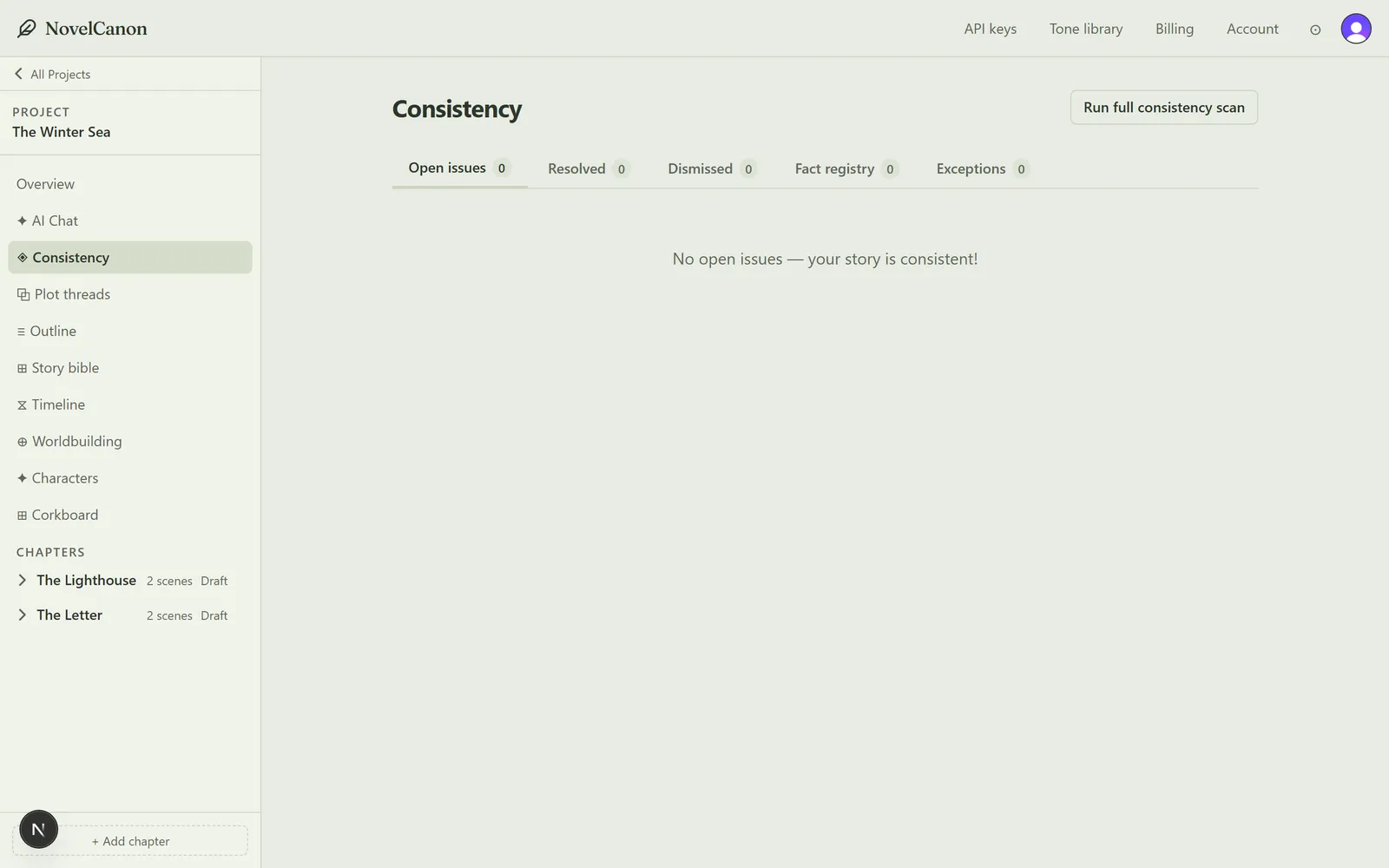 The NovelCanon consistency workspace showing a completed manuscript scan with tabs for open issues, the fact registry, and exceptions