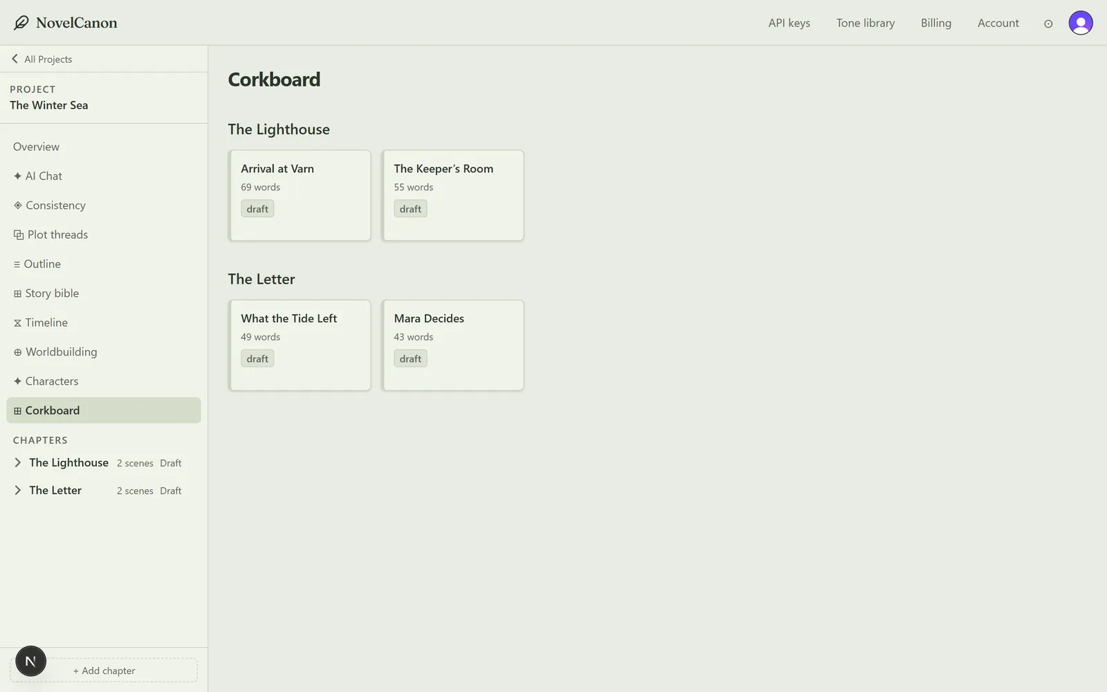 NovelCanon corkboard with chapter lanes and scene cards showing word counts and draft status