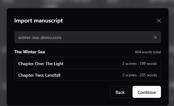 The NovelCanon import preview after uploading a Scrivener project, showing the detected title, two chapters, and their scene and word counts